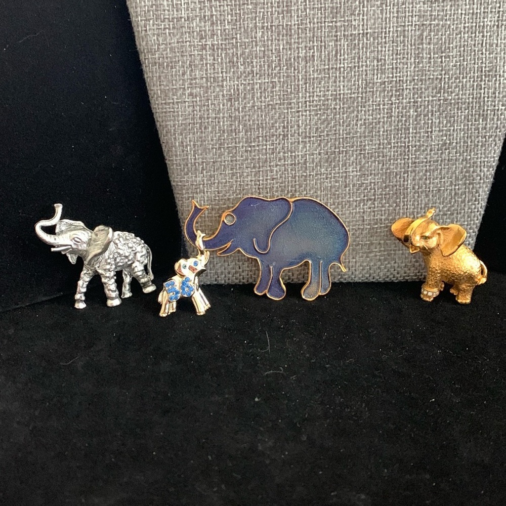 Four Elephant Brooches / Pins Gold Tone Silver‎ Tone Blue Enamel